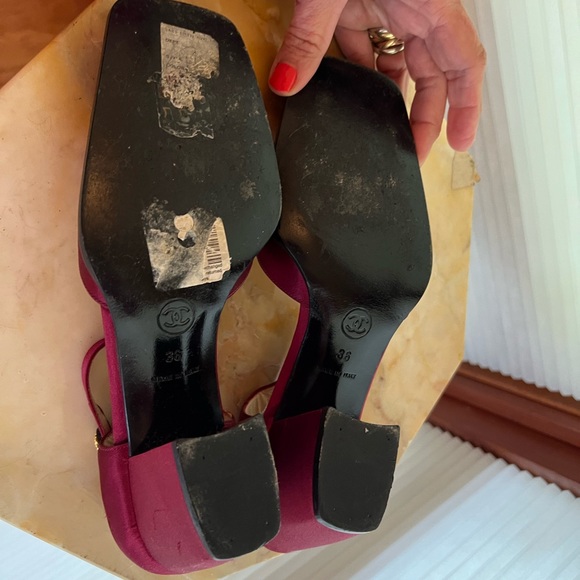 CHANEL Red Wine Square Toe Satin Pumps Size 6 - Picture 6 of 9